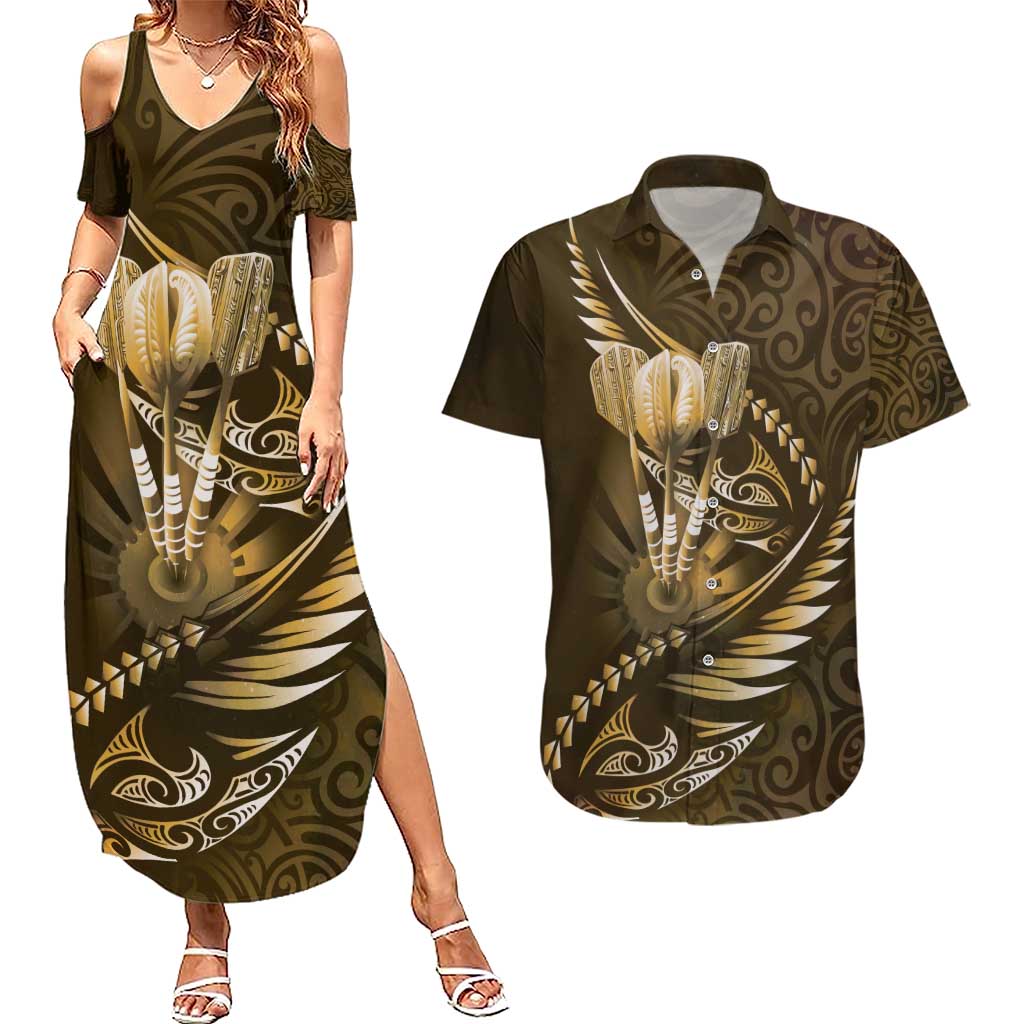 Personalised All Gold New Zealand Darts Couples Matching Summer Maxi Dress and Hawaiian Shirt Aoteroa Fern Maori Galaxy Style