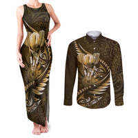Personalised All Gold New Zealand Darts Couples Matching Tank Maxi Dress and Long Sleeve Button Shirt Aoteroa Fern Maori Galaxy Style