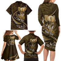 Personalised All Gold New Zealand Darts Family Matching Long Sleeve Bodycon Dress and Hawaiian Shirt Aoteroa Fern Maori Galaxy Style