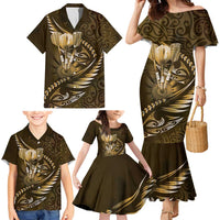 Personalised All Gold New Zealand Darts Family Matching Mermaid Dress and Hawaiian Shirt Aoteroa Fern Maori Galaxy Style
