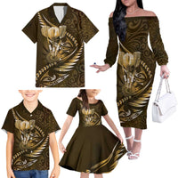 Personalised All Gold New Zealand Darts Family Matching Off The Shoulder Long Sleeve Dress and Hawaiian Shirt Aoteroa Fern Maori Galaxy Style