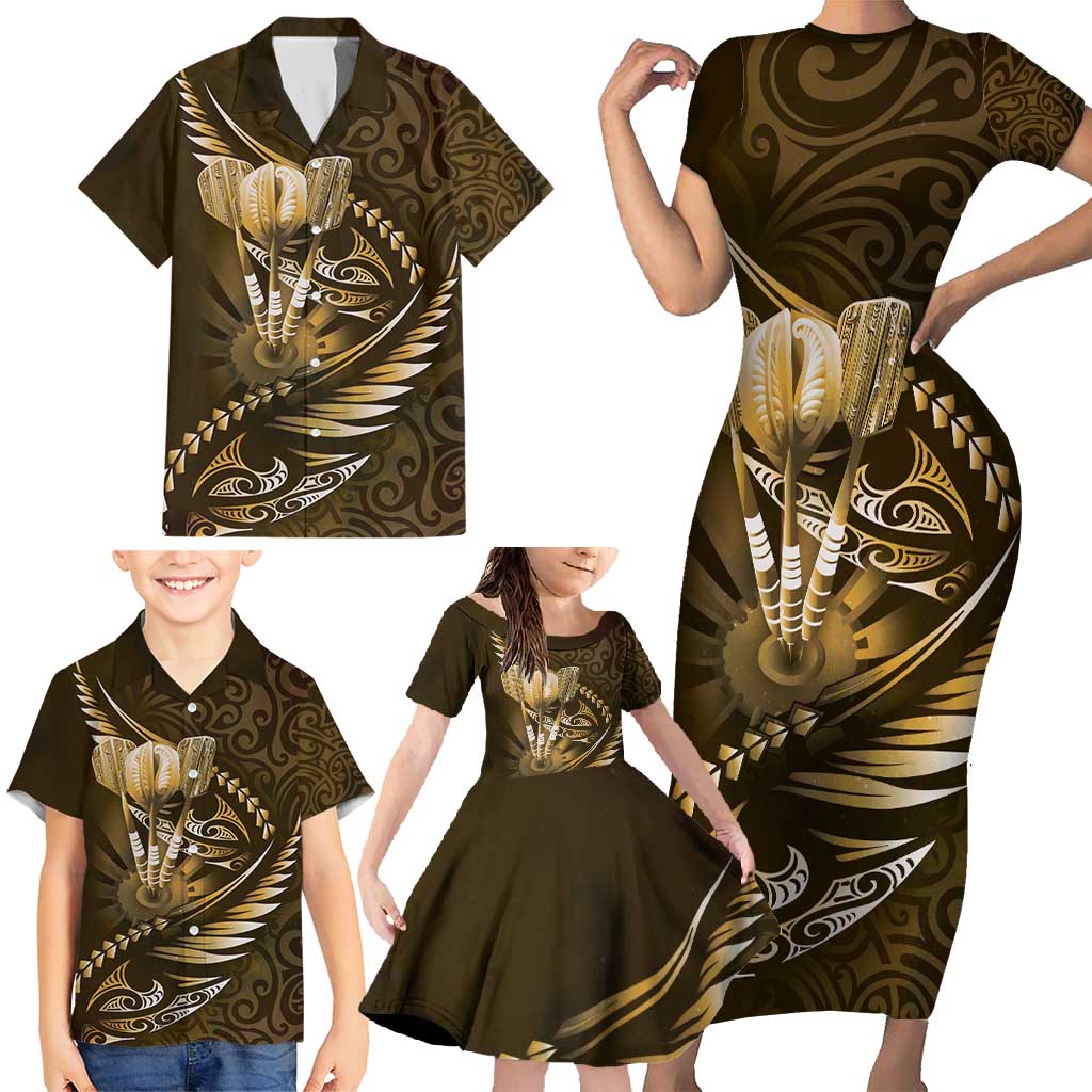 Personalised All Gold New Zealand Darts Family Matching Short Sleeve Bodycon Dress and Hawaiian Shirt Aoteroa Fern Maori Galaxy Style