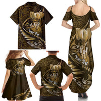 Personalised All Gold New Zealand Darts Family Matching Summer Maxi Dress and Hawaiian Shirt Aoteroa Fern Maori Galaxy Style