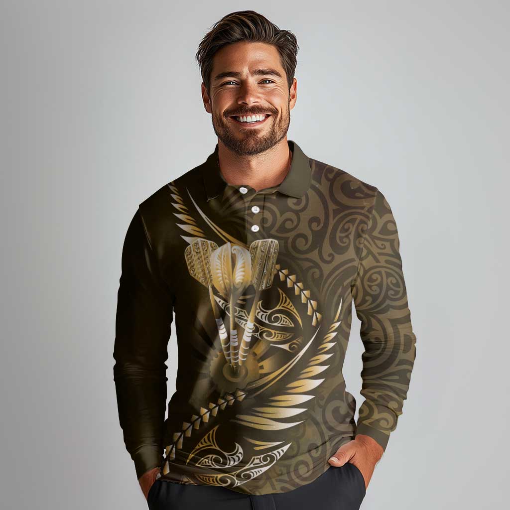 Personalised All Gold New Zealand Darts Long Sleeve Polo Shirt Aoteroa Fern Maori Galaxy Style