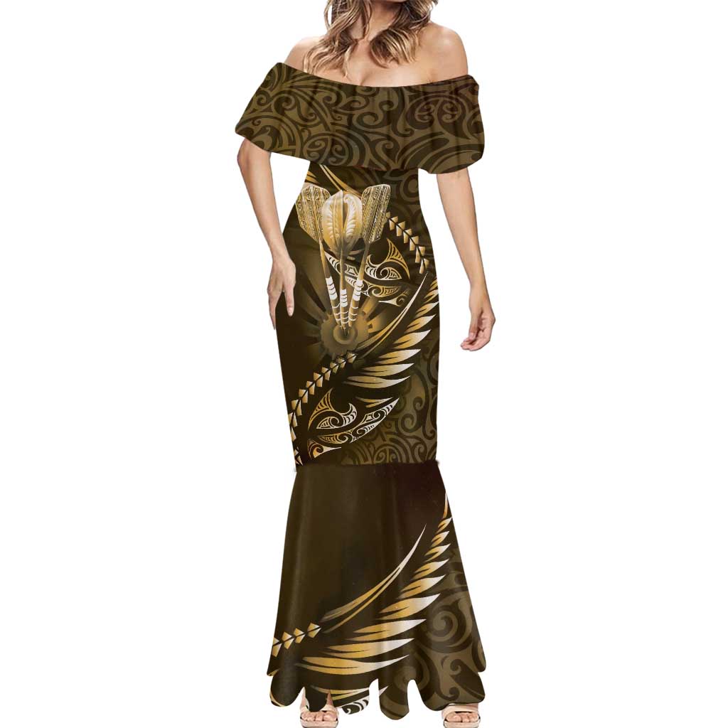 Personalised All Gold New Zealand Darts Mermaid Dress Aoteroa Fern Maori Galaxy Style