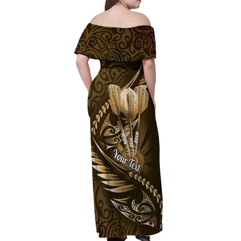 Personalised All Gold New Zealand Darts Off Shoulder Maxi Dress Aoteroa Fern Maori Galaxy Style