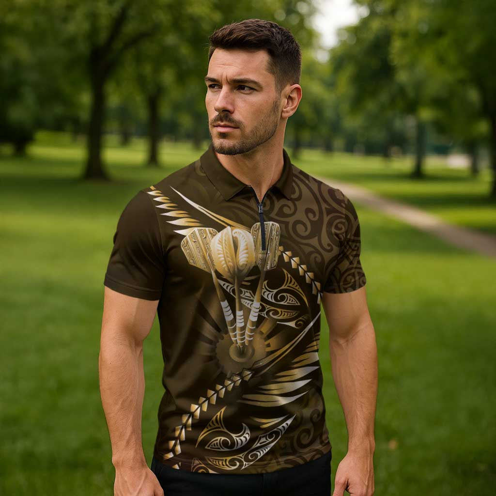 Personalised All Gold New Zealand Darts Zipper Polo Shirt Aoteroa Fern Maori Galaxy Style - Polynesian Pride