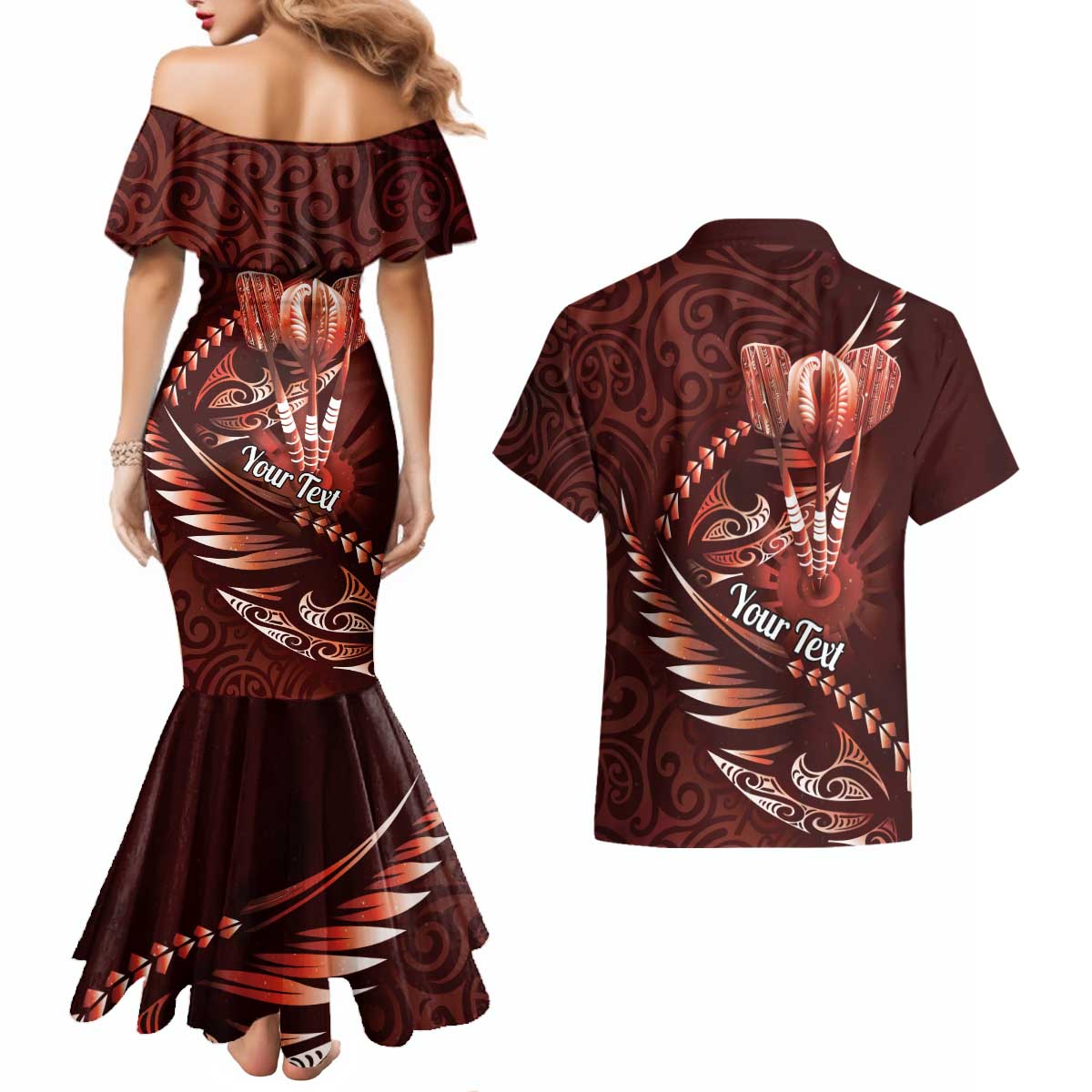 Personalised All Red New Zealand Darts Couples Matching Mermaid Dress and Hawaiian Shirt Aoteroa Fern Maori Galaxy Style