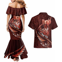 Personalised All Red New Zealand Darts Couples Matching Mermaid Dress and Hawaiian Shirt Aoteroa Fern Maori Galaxy Style