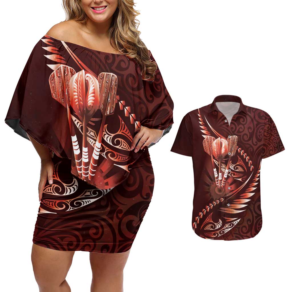 Personalised All Red New Zealand Darts Couples Matching Off Shoulder Short Dress and Hawaiian Shirt Aoteroa Fern Maori Galaxy Style