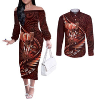 Personalised All Red New Zealand Darts Couples Matching Off The Shoulder Long Sleeve Dress and Long Sleeve Button Shirt Aoteroa Fern Maori Galaxy Style