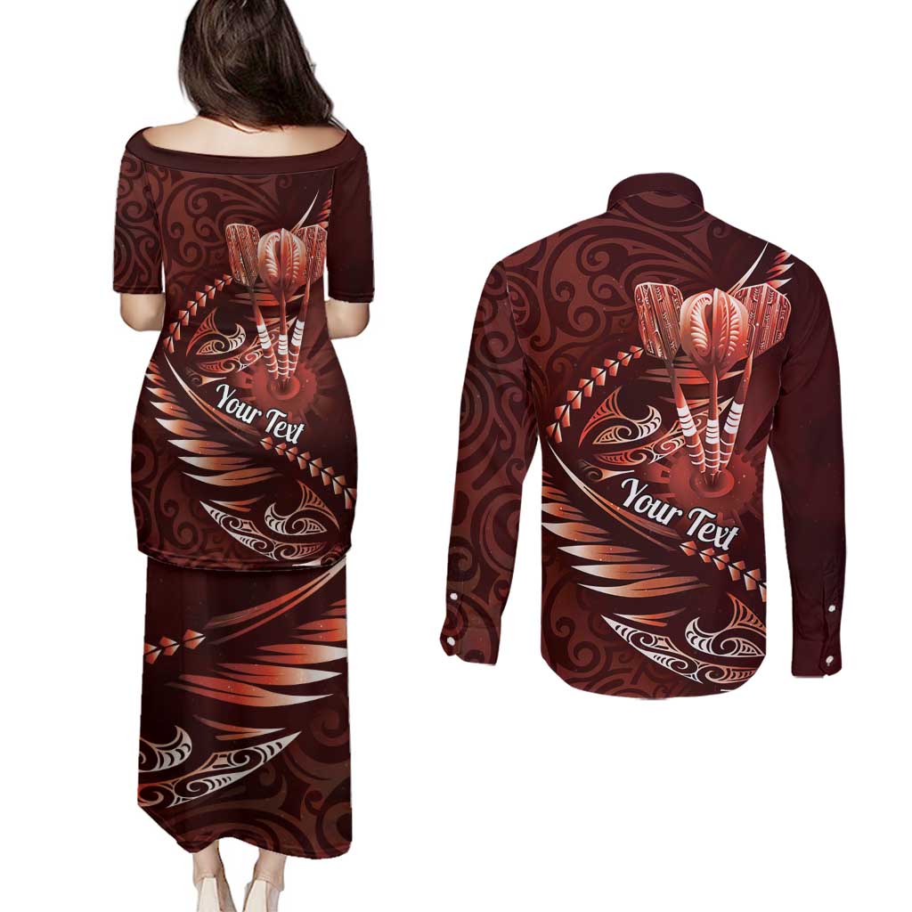 Personalised All Red New Zealand Darts Couples Matching Puletasi and Long Sleeve Button Shirt Aoteroa Fern Maori Galaxy Style