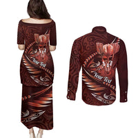 Personalised All Red New Zealand Darts Couples Matching Puletasi and Long Sleeve Button Shirt Aoteroa Fern Maori Galaxy Style