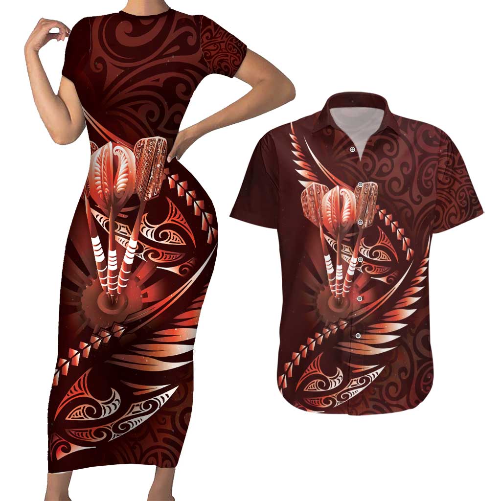 Personalised All Red New Zealand Darts Couples Matching Short Sleeve Bodycon Dress and Hawaiian Shirt Aoteroa Fern Maori Galaxy Style