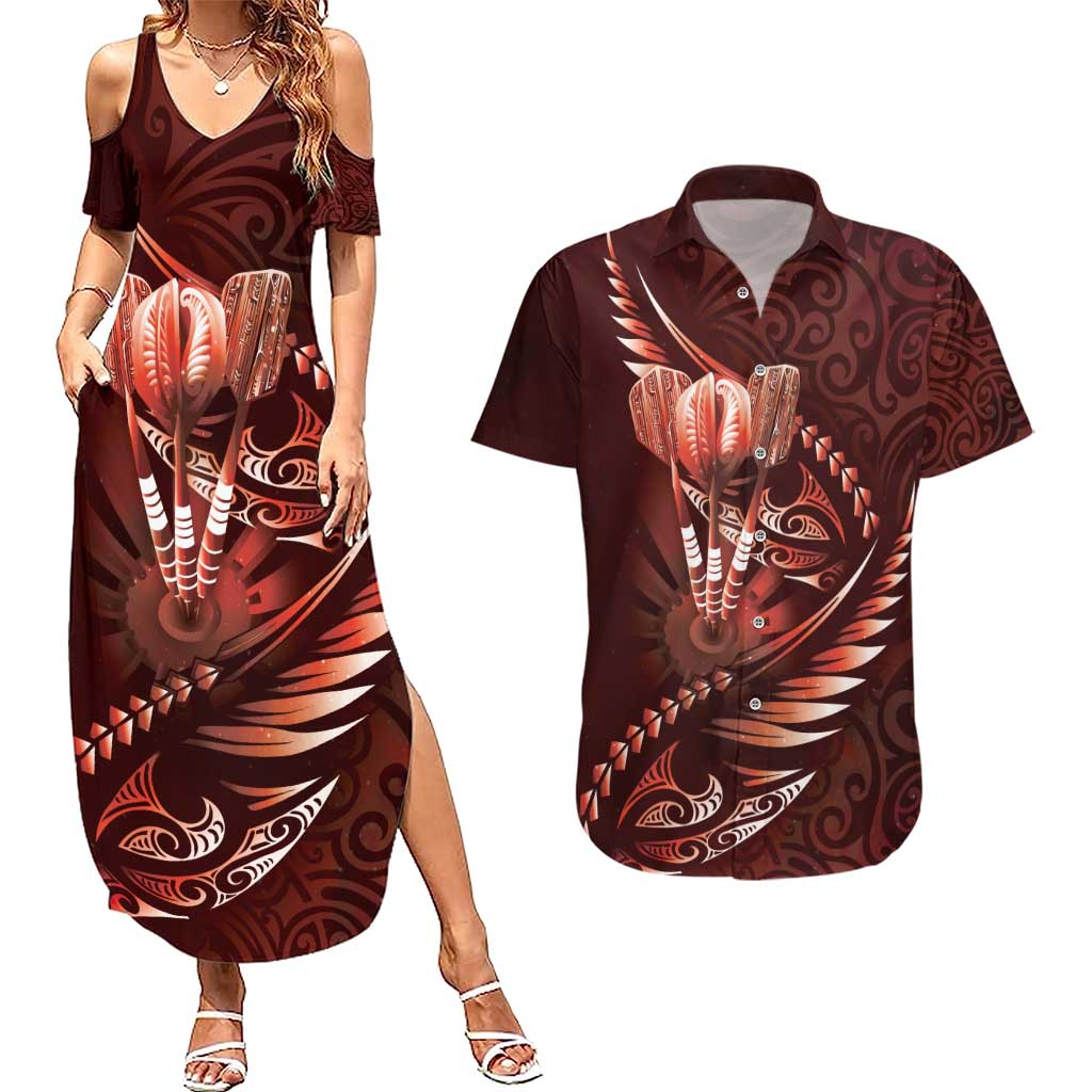 Personalised All Red New Zealand Darts Couples Matching Summer Maxi Dress and Hawaiian Shirt Aoteroa Fern Maori Galaxy Style