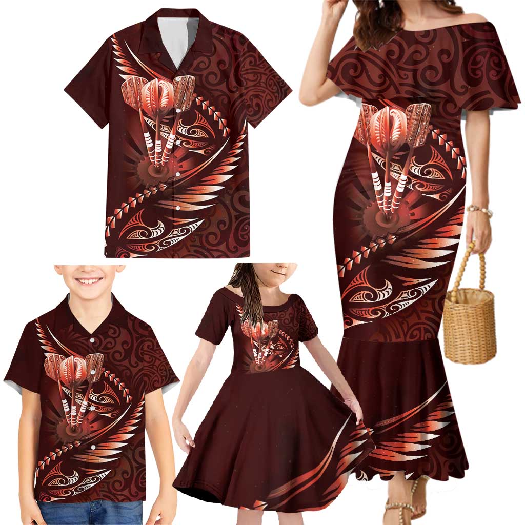 Personalised All Red New Zealand Darts Family Matching Mermaid Dress and Hawaiian Shirt Aoteroa Fern Maori Galaxy Style
