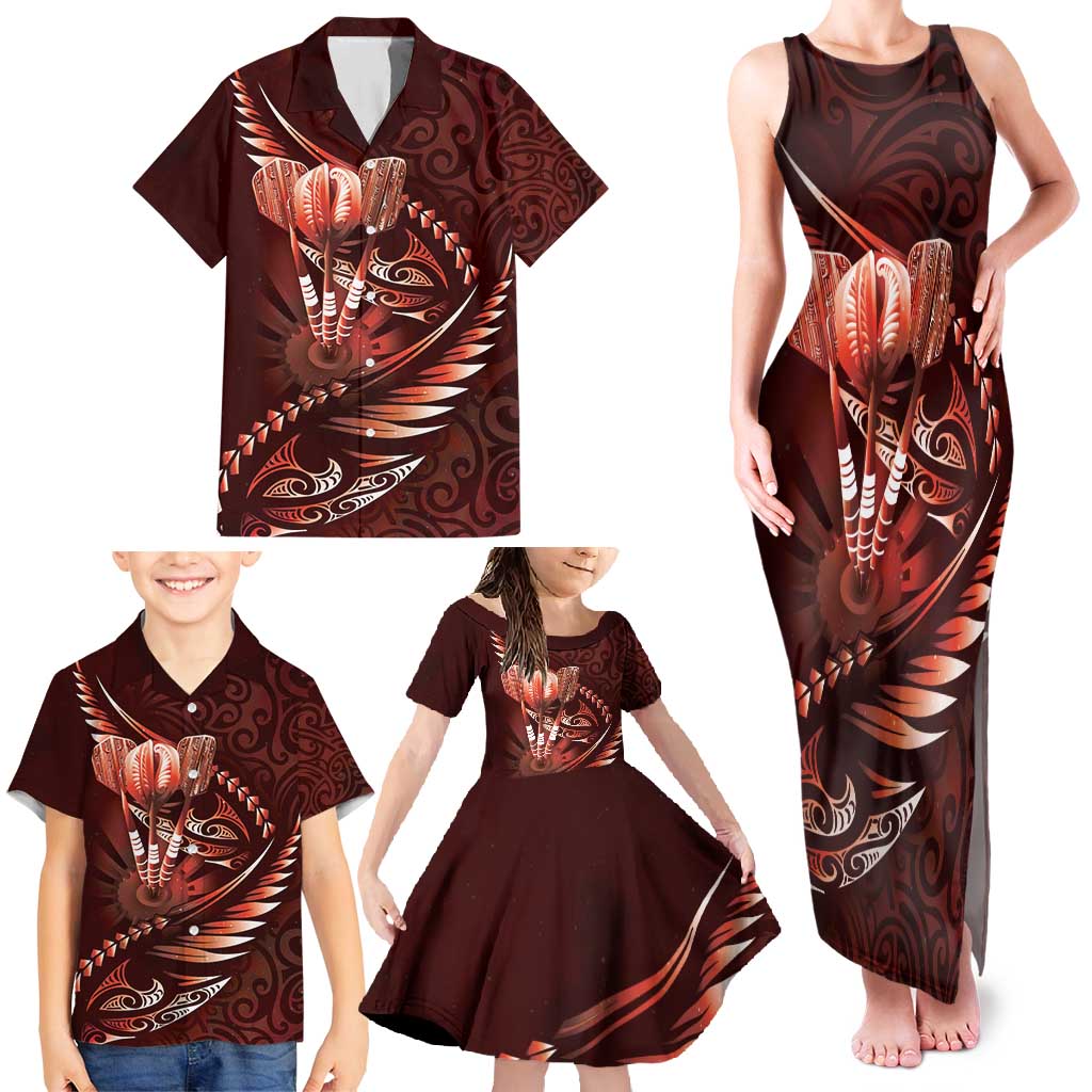 Personalised All Red New Zealand Darts Family Matching Tank Maxi Dress and Hawaiian Shirt Aoteroa Fern Maori Galaxy Style