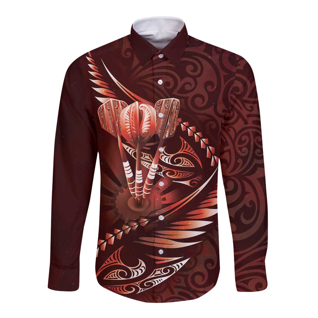 Personalised All Red New Zealand Darts Long Sleeve Button Shirt Aoteroa Fern Maori Galaxy Style