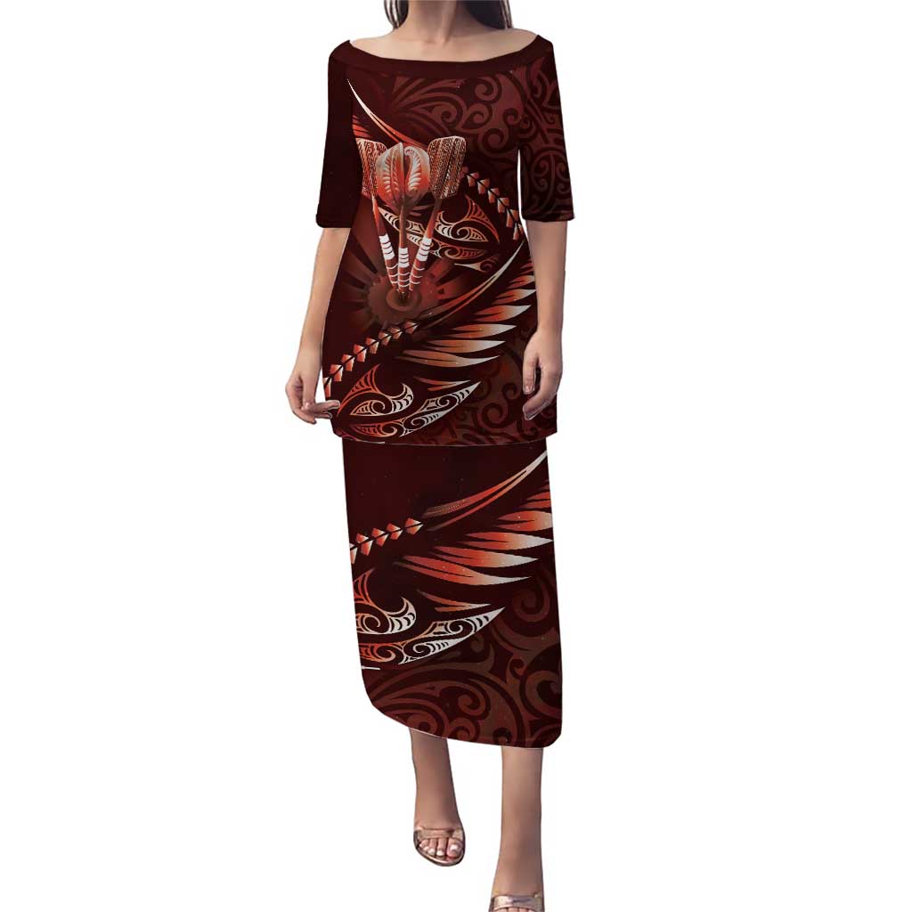 Personalised All Red New Zealand Darts Puletasi Aoteroa Fern Maori Galaxy Style LT14 Long Dress Red - Polynesian Pride