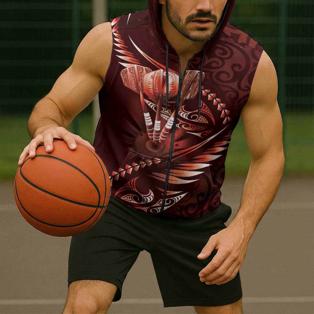 Personalised All Red New Zealand Darts Sleeveless Zip Hoodie Aoteroa Fern Maori Galaxy Style - Polynesian Pride