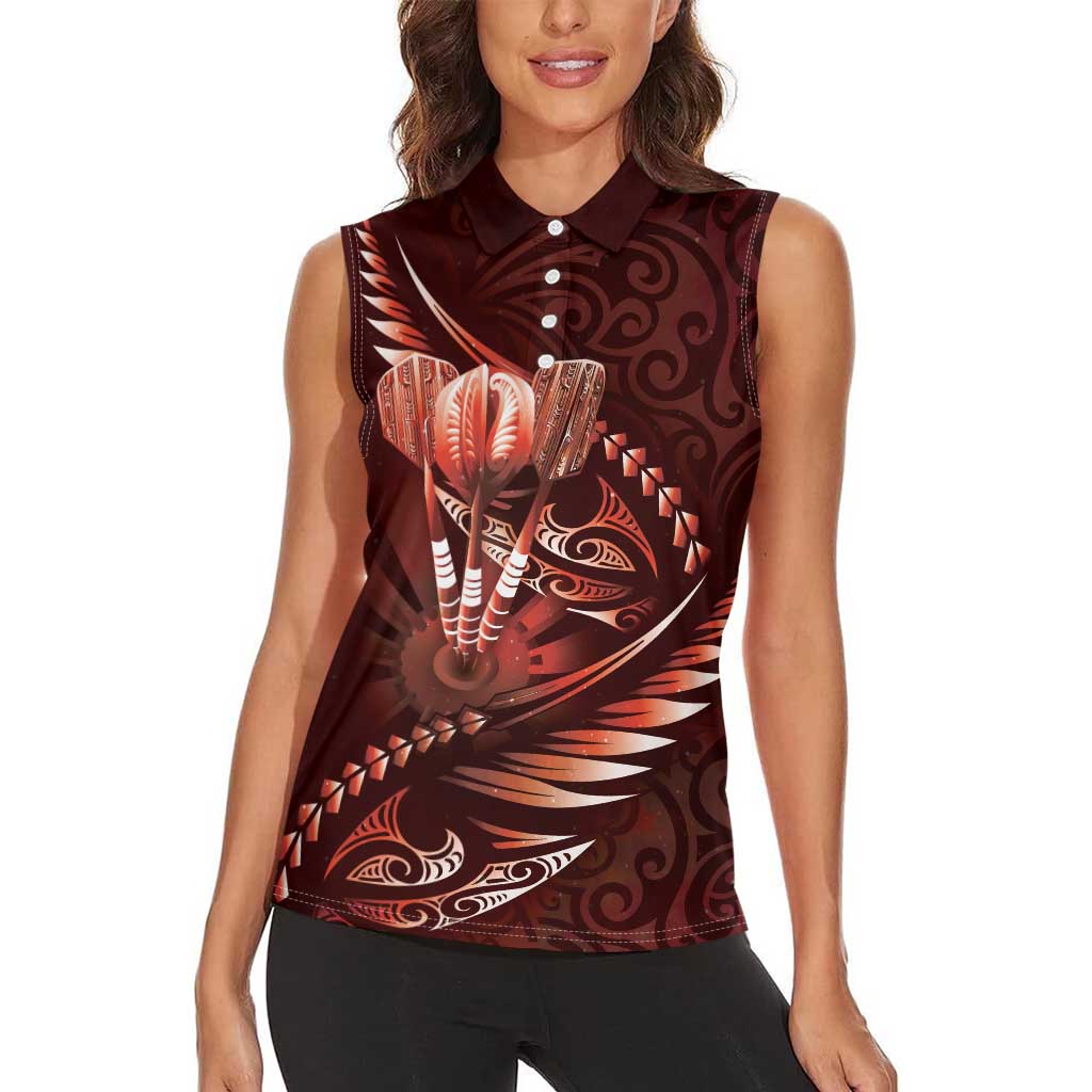 Personalised All Red New Zealand Darts Women Sleeveless Polo Shirt Aoteroa Fern Maori Galaxy Style