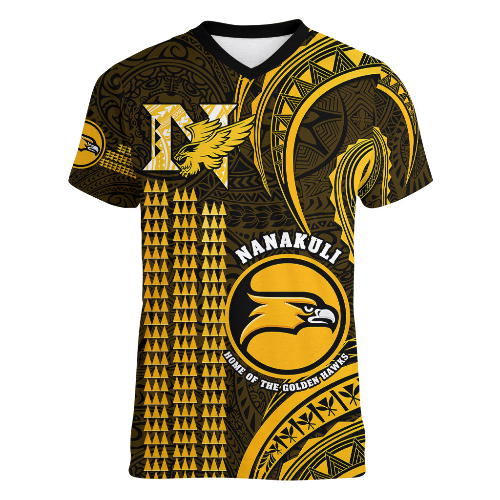 Hawaii Nanakuli High And Intermediate School Women V Neck T Shirt Polynesian Kakau Pattern LT14 Female Gold - Polynesian Pride