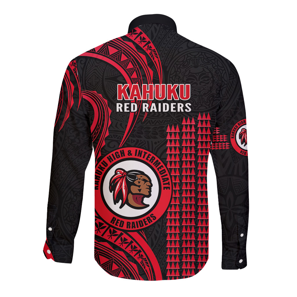 Hawaii Kahuku High And Intermediate School Long Sleeve Button Shirt Red Raiders Kakau Pattern LT14 - Polynesian Pride