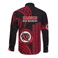 Hawaii Kahuku High And Intermediate School Long Sleeve Button Shirt Red Raiders Kakau Pattern LT14 - Polynesian Pride