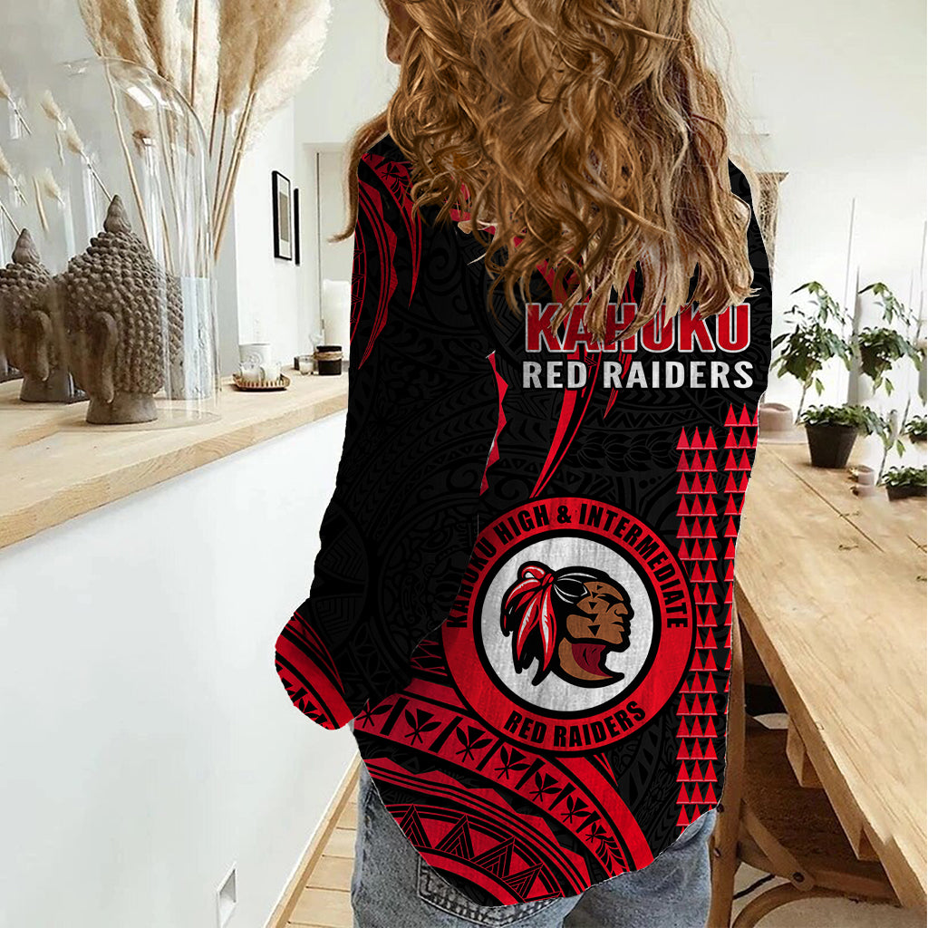 Hawaii Kahuku High And Intermediate School Women Casual Shirt Red Raiders Kakau Pattern LT14 - Polynesian Pride