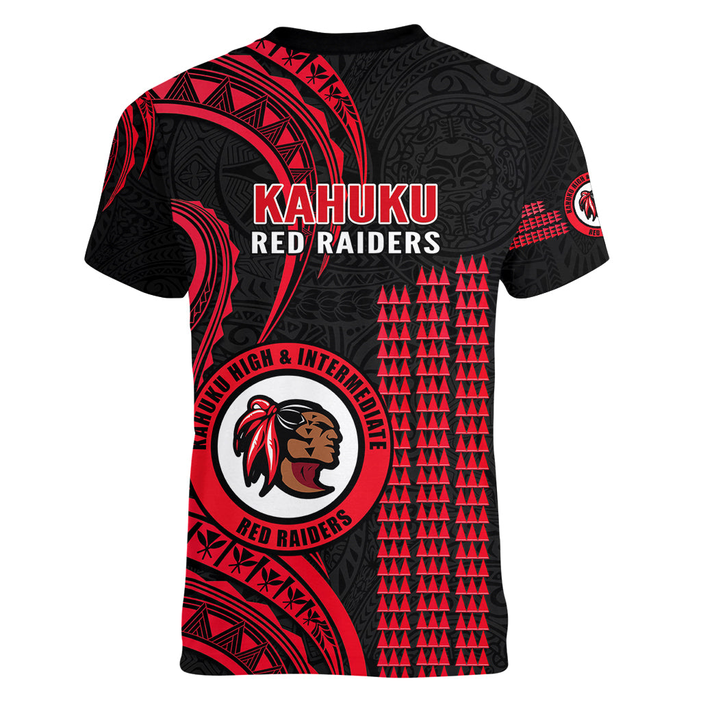 Hawaii Kahuku High And Intermediate School Women V Neck T Shirt Red Raiders Kakau Pattern LT14 - Polynesian Pride
