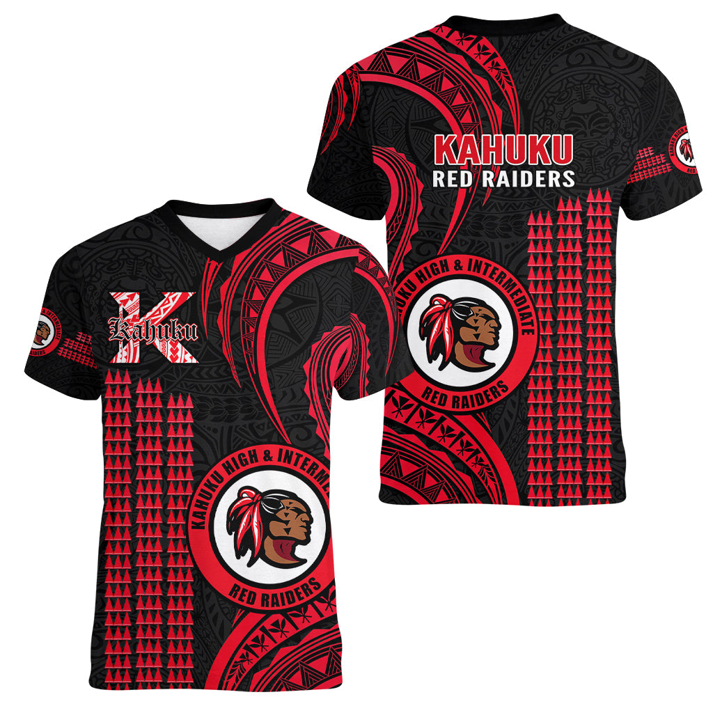 Hawaii Kahuku High And Intermediate School Women V Neck T Shirt Red Raiders Kakau Pattern LT14 - Polynesian Pride