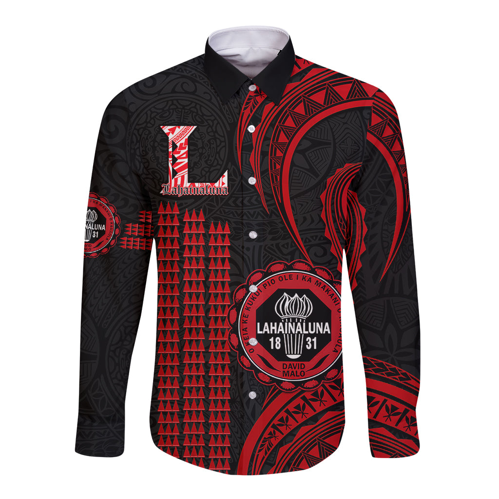 Personalised Hawaii Lahainaluna High School Long Sleeve Button Shirt Polynesian Kakau Pattern LT14 Unisex Red - Polynesian Pride