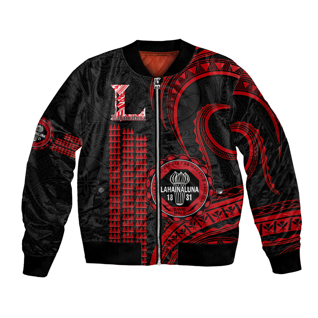 Personalised Hawaii Lahainaluna High School Sleeve Zip Bomber Jacket Polynesian Kakau Pattern LT14 Unisex Red - Polynesian Pride