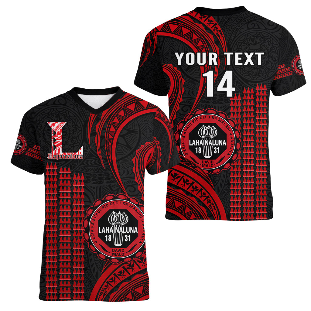 Personalised Hawaii Lahainaluna High School Women V Neck T Shirt Polynesian Kakau Pattern LT14 - Polynesian Pride