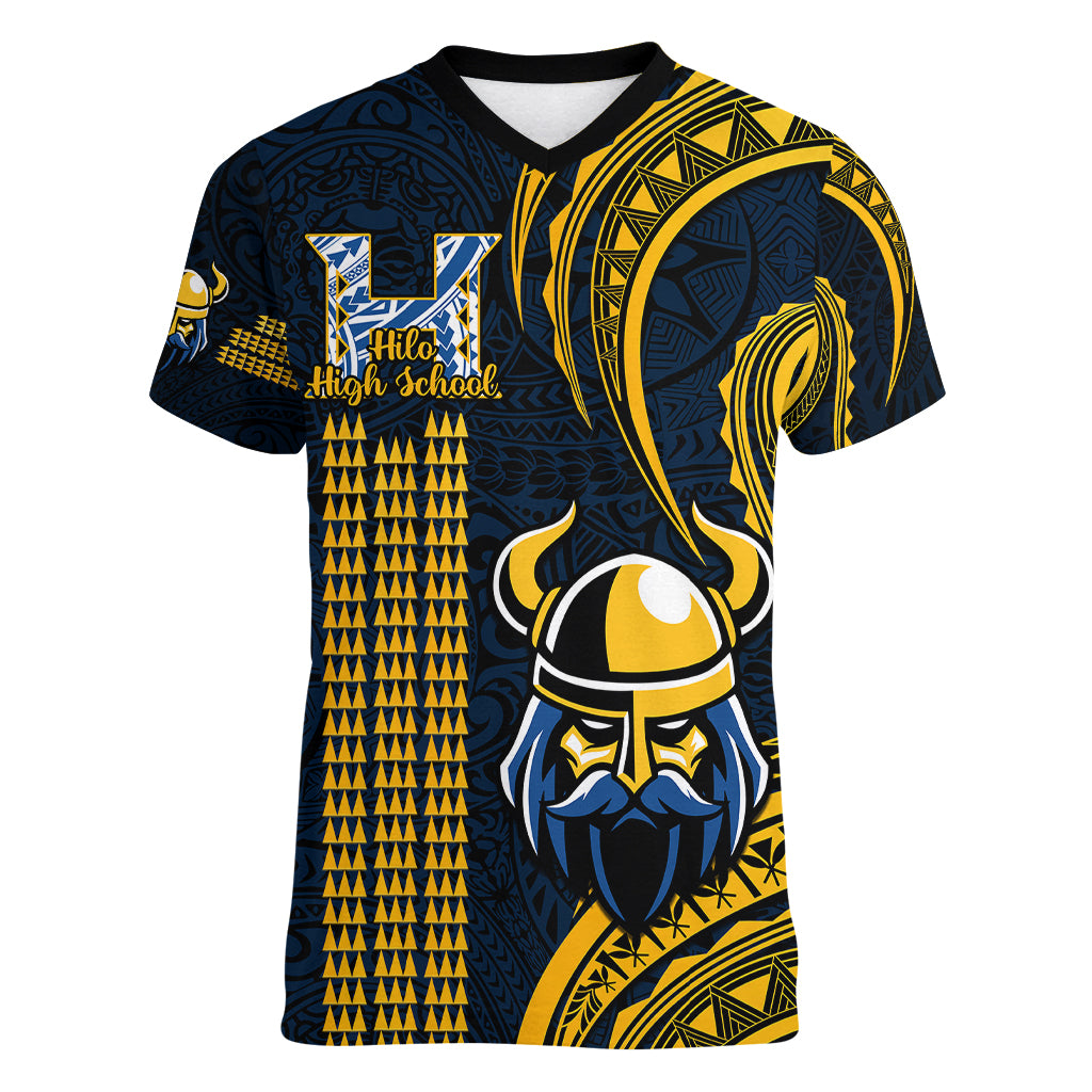 Hawaii Hilo High School Women V Neck T Shirt Vikings Polynesian Kakau Pattern LT14 Female Gold - Polynesian Pride