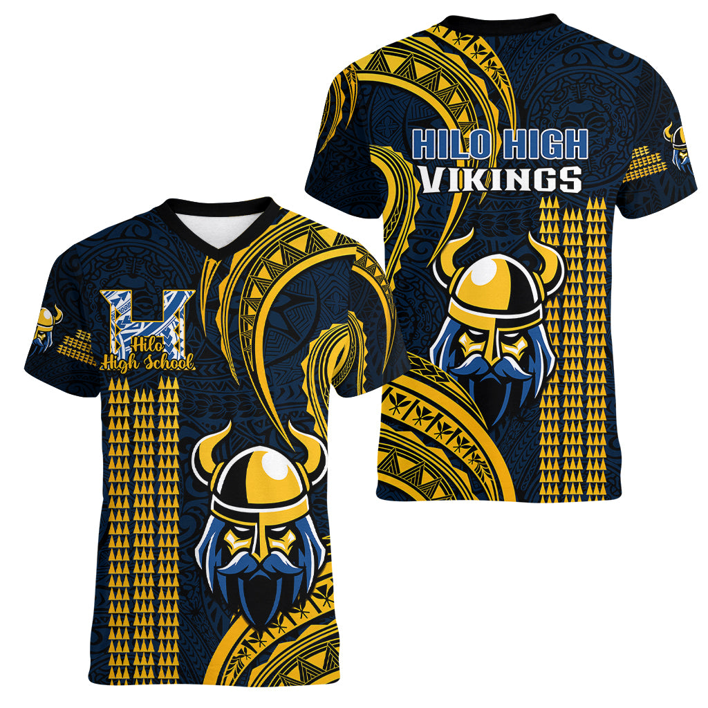 Hawaii Hilo High School Women V Neck T Shirt Vikings Polynesian Kakau Pattern LT14 - Polynesian Pride
