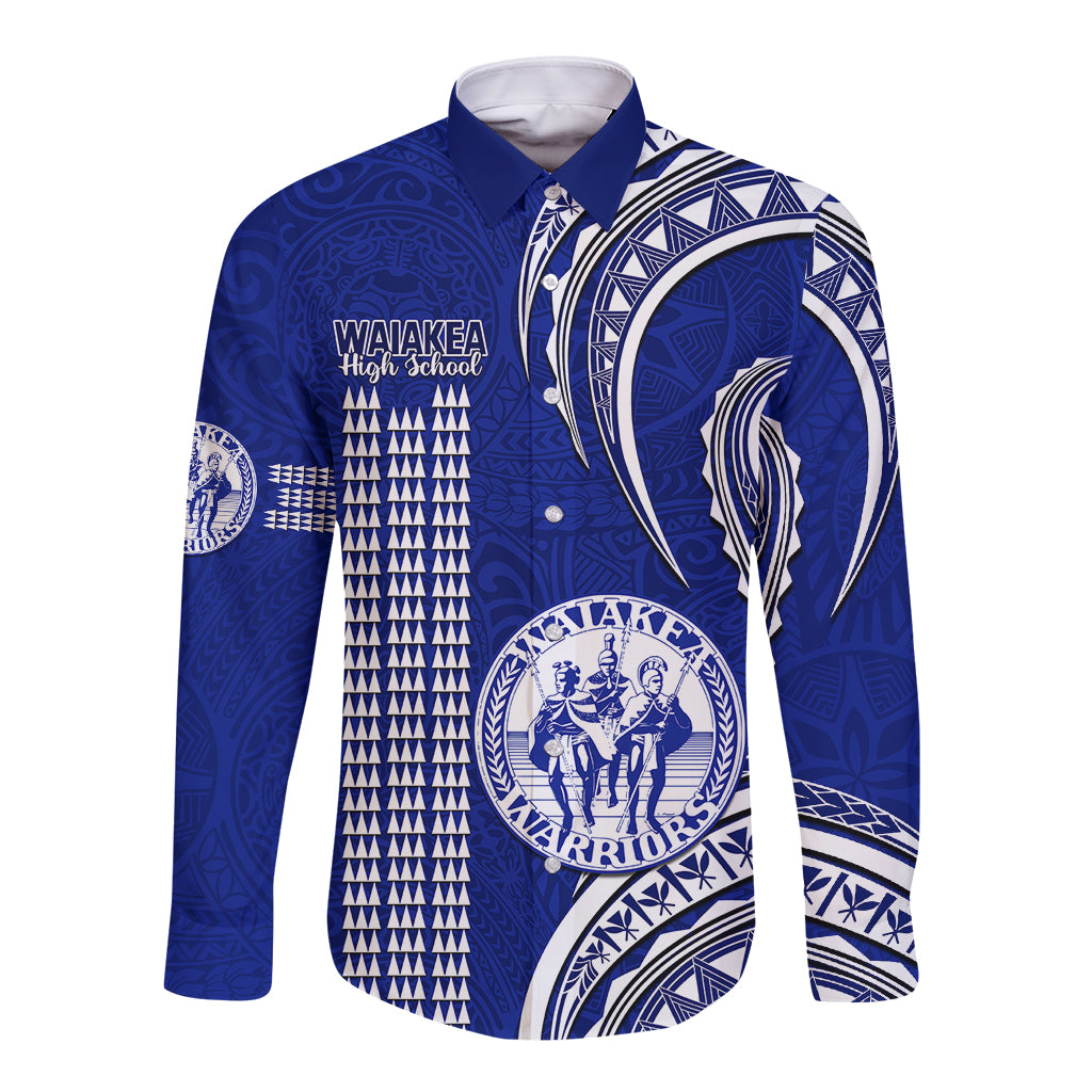 Hawaii Waiakea High School Long Sleeve Button Shirt Polynesian Kakau Pattern LT14 Unisex Blue - Polynesian Pride