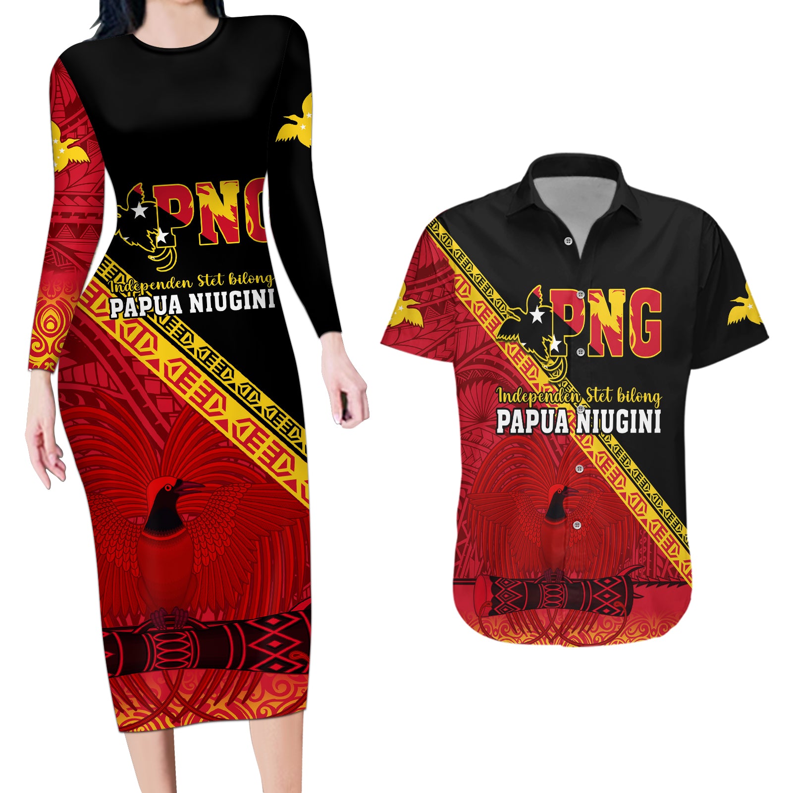 Papua New Guinea Couples Matching Long Sleeve Bodycon Dress and Hawaiian Shirt Independen Stet bilong Papua Niugini Unique Version LT14 Red - Polynesian Pride