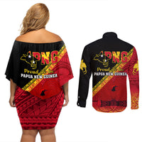Papua New Guinea Couples Matching Off Shoulder Short Dress and Long Sleeve Button Shirts Independen Stet bilong Papua Niugini Unique Version LT14 - Polynesian Pride