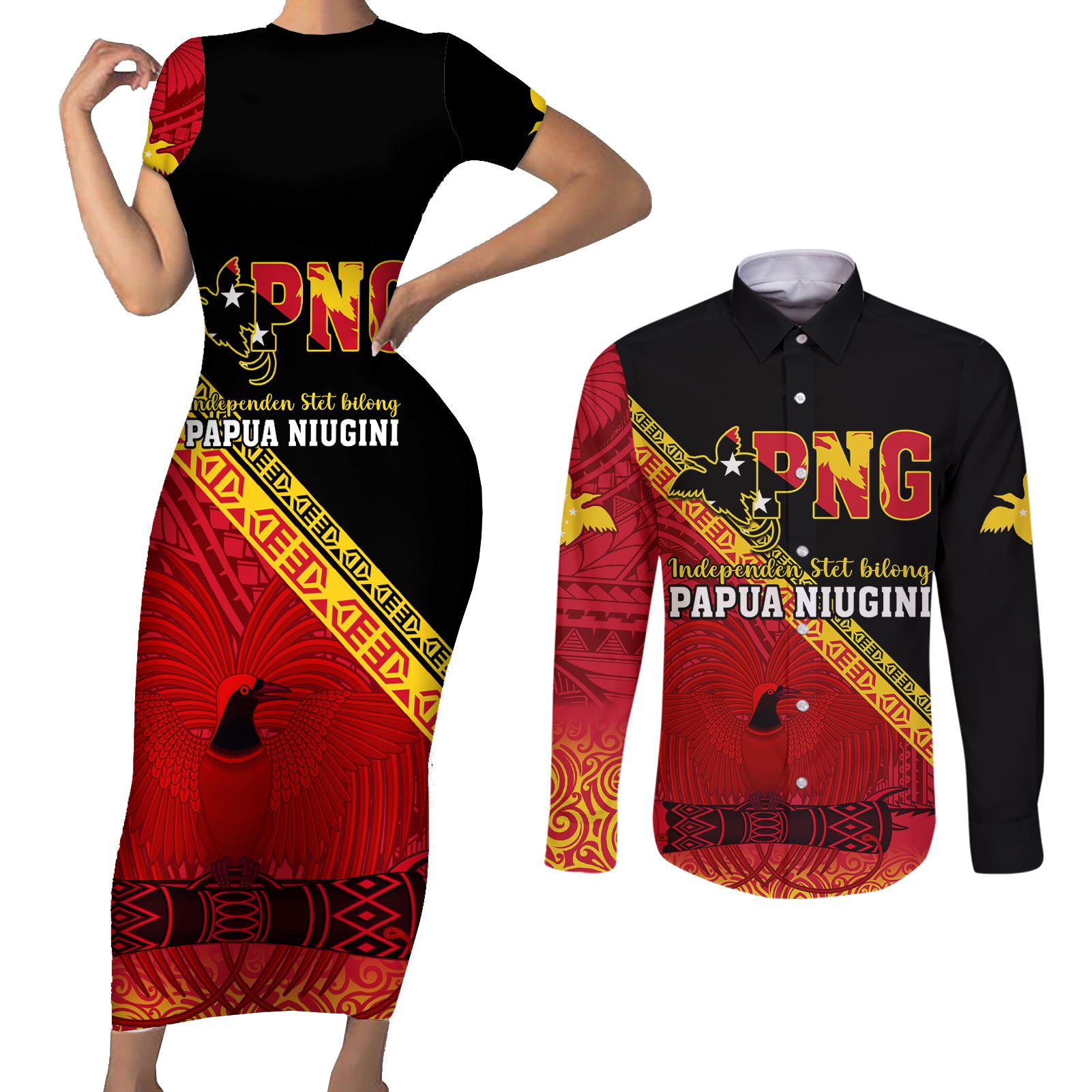 Papua New Guinea Couples Matching Short Sleeve Bodycon Dress and Long Sleeve Button Shirts Independen Stet bilong Papua Niugini Unique Version LT14 Red - Polynesian Pride