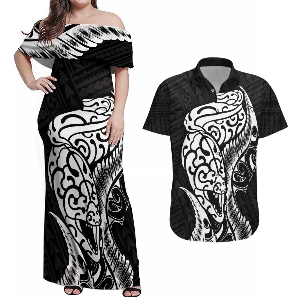 New Zealand Eel Couples Matching Off Shoulder Maxi Dress and Hawaiian Shirt Tuna Aotearoa Maori Patten - Black LT14 Black - Polynesian Pride
