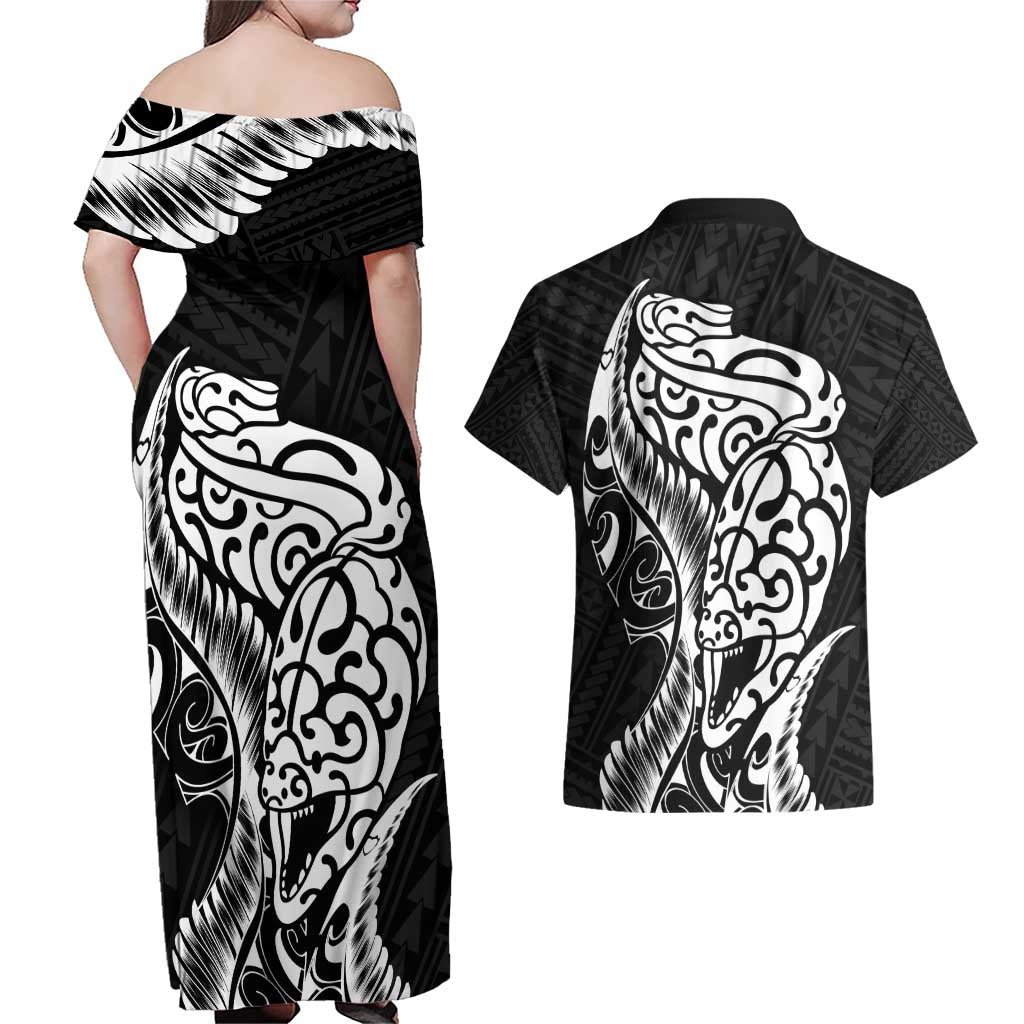New Zealand Eel Couples Matching Off Shoulder Maxi Dress and Hawaiian Shirt Tuna Aotearoa Maori Patten - Black LT14 - Polynesian Pride