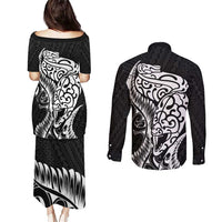 New Zealand Eel Couples Matching Puletasi and Long Sleeve Button Shirt Tuna Aotearoa Maori Patten - Black