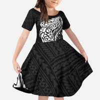 New Zealand Eel Family Matching Long Sleeve Bodycon Dress and Hawaiian Shirt Tuna Aotearoa Maori Patten - Black LT14 Daughter's Dress Black - Polynesian Pride