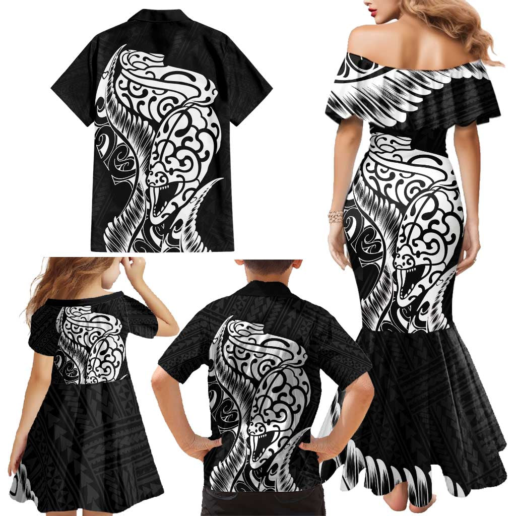 New Zealand Eel Family Matching Mermaid Dress and Hawaiian Shirt Tuna Aotearoa Maori Patten - Black LT14 - Polynesian Pride