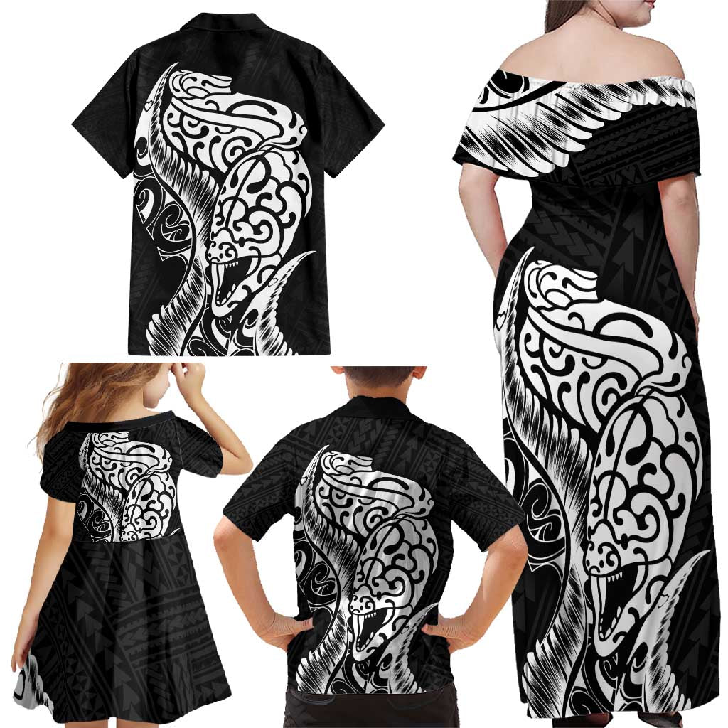 New Zealand Eel Family Matching Off Shoulder Maxi Dress and Hawaiian Shirt Tuna Aotearoa Maori Patten - Black LT14 - Polynesian Pride