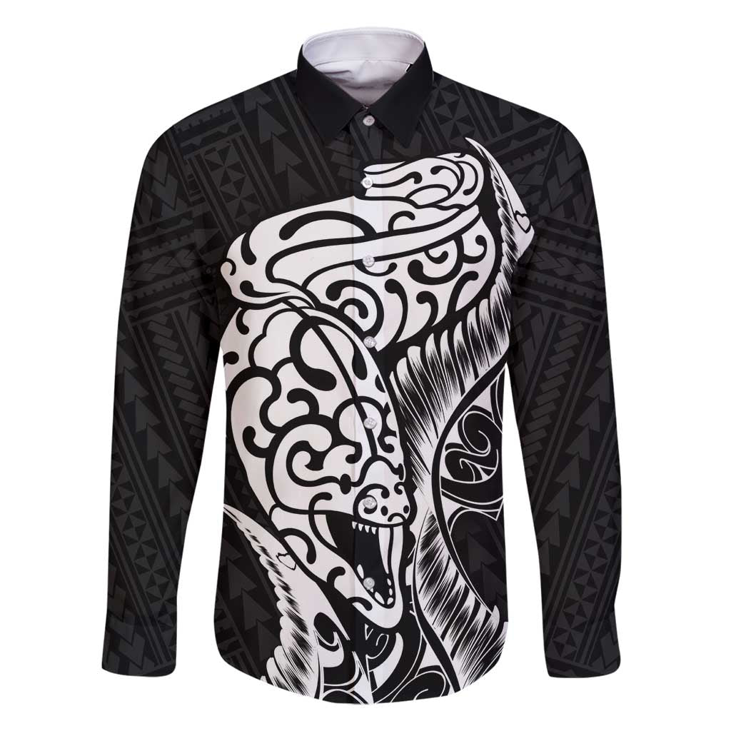 New Zealand Eel Family Matching Off Shoulder Maxi Dress and Hawaiian Shirt Tuna Aotearoa Maori Patten - Black LT14 Dad's Shirt - Long Sleeve Black - Polynesian Pride