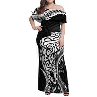 New Zealand Eel Family Matching Off Shoulder Maxi Dress and Hawaiian Shirt Tuna Aotearoa Maori Patten - Black LT14 Mom's Dress Black - Polynesian Pride