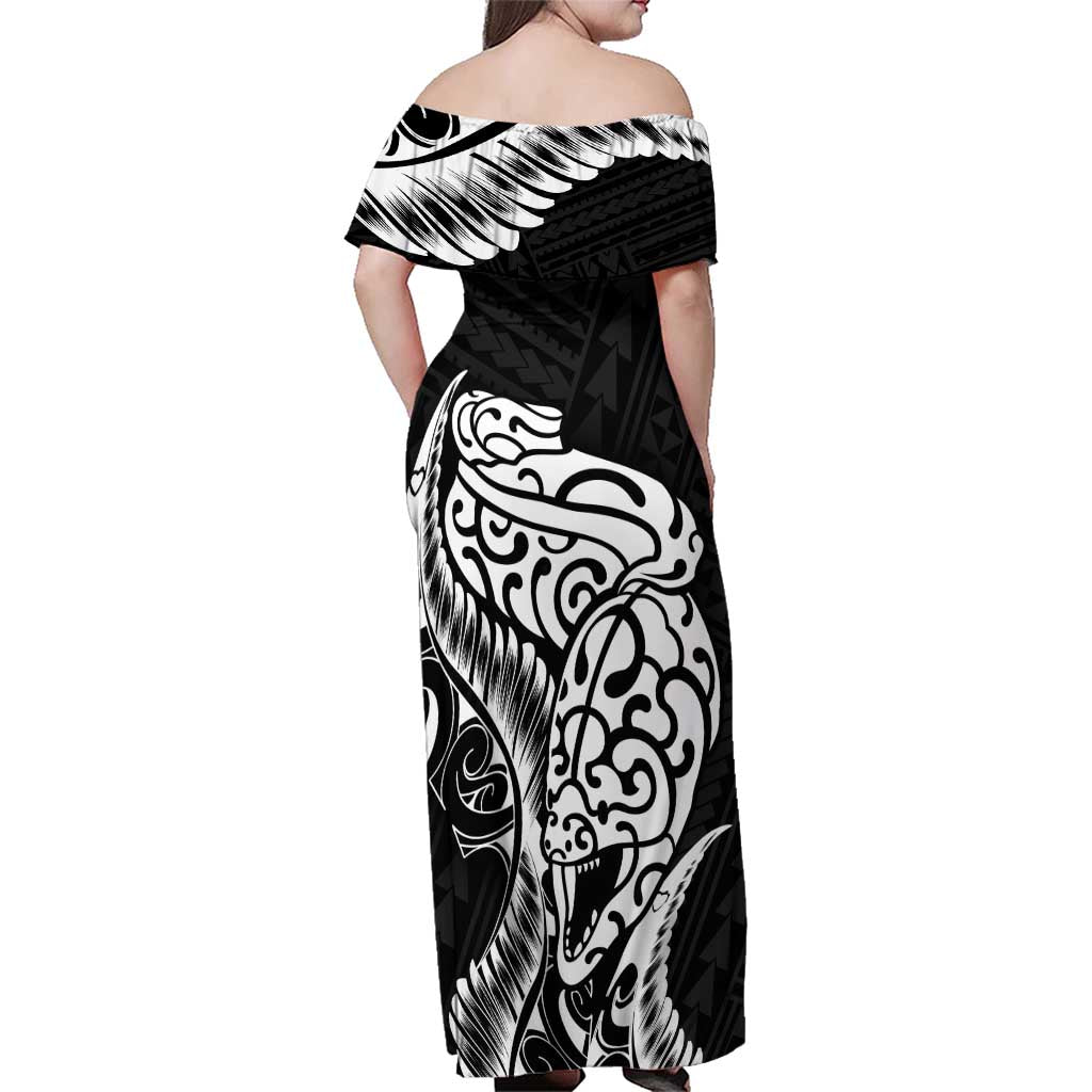 New Zealand Eel Family Matching Off Shoulder Maxi Dress and Hawaiian Shirt Tuna Aotearoa Maori Patten - Black LT14 - Polynesian Pride
