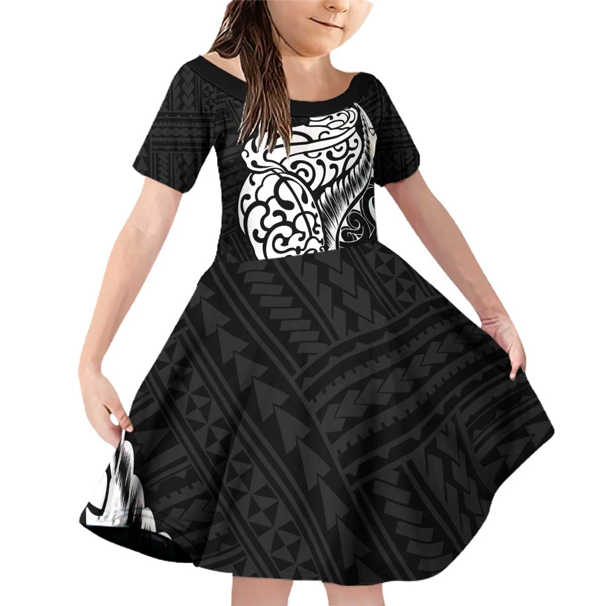 New Zealand Eel Family Matching Off Shoulder Short Dress and Hawaiian Shirt Tuna Aotearoa Maori Patten - Black LT14 Daughter's Dress Black - Polynesian Pride